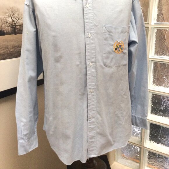 Men's Denim Blue Cotton Long Sleeve Shirt XL Crest on Pocket - Picture 2 of 2